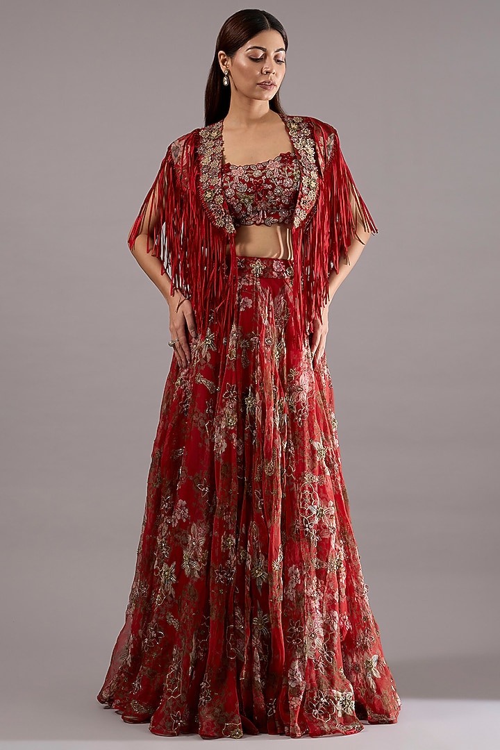 Red Organza Floral Printed & Embroidered Jacket Bridal lehenga for 22 Lehenga Set by Ridhima Bhasin at Pernia's Pop Up Shop