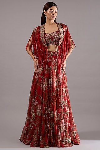 Red Crepe Floral Printed Sheer Jacket Set by Ridhima Bhasin