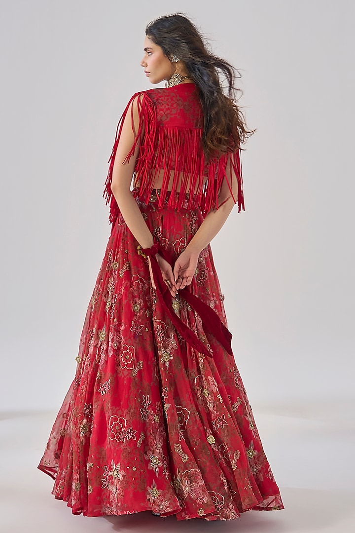 Red Crepe Floral Printed Sheer Jacket Set by Ridhima Bhasin at Pernia's Pop Up Shop