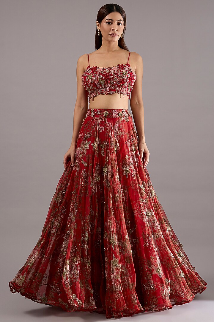 Red Crepe Floral Printed Sheer Jacket Set by Ridhima Bhasin at Pernia's Pop Up Shop
