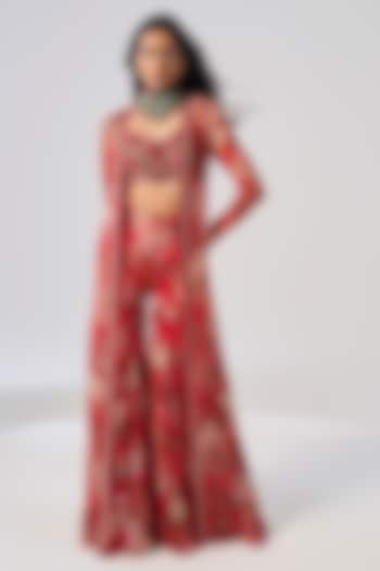 Red Organza & Chiffon Embellished Jacket Set by Ridhima Bhasin at Pernia's Pop Up Shop