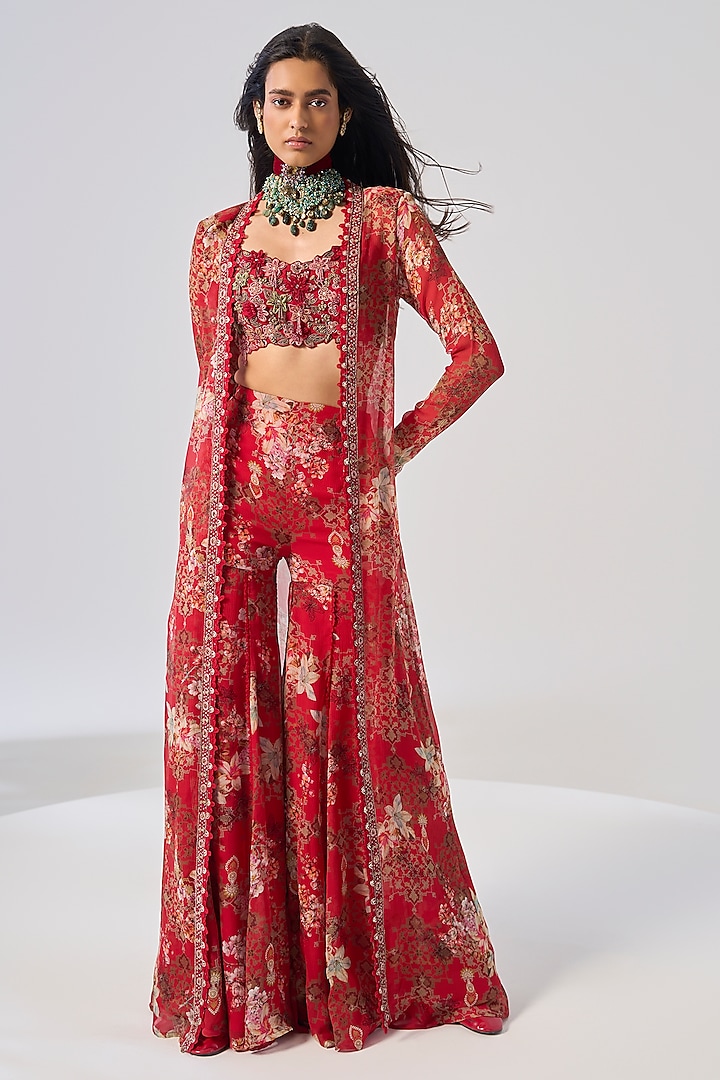 Red Organza & Chiffon Embellished Jacket Set by Ridhima Bhasin at Pernia's Pop Up Shop