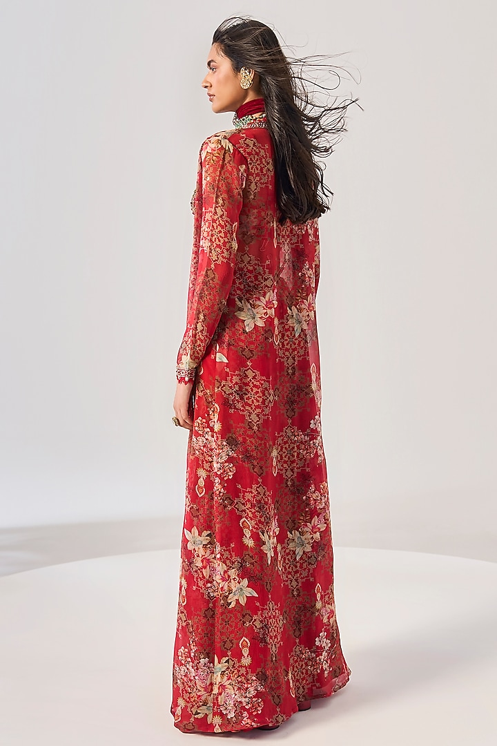 Red Organza & Chiffon Embellished Jacket Set by Ridhima Bhasin at Pernia's Pop Up Shop