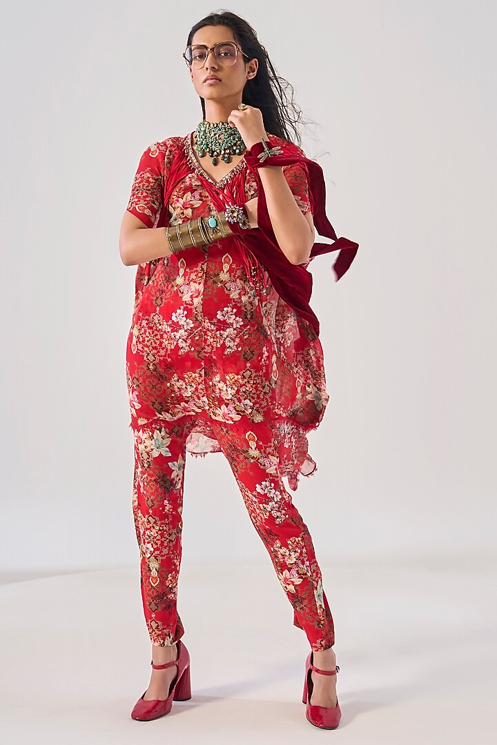 Red Rayon & Georgette Printed Kurta Set by Ridhima Bhasin at Pernia's Pop Up Shop