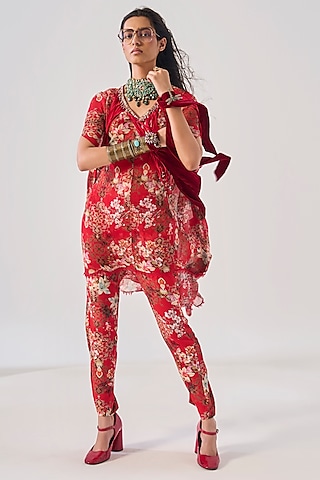 Red Rayon & Georgette Printed Kurta Set by Ridhima Bhasin