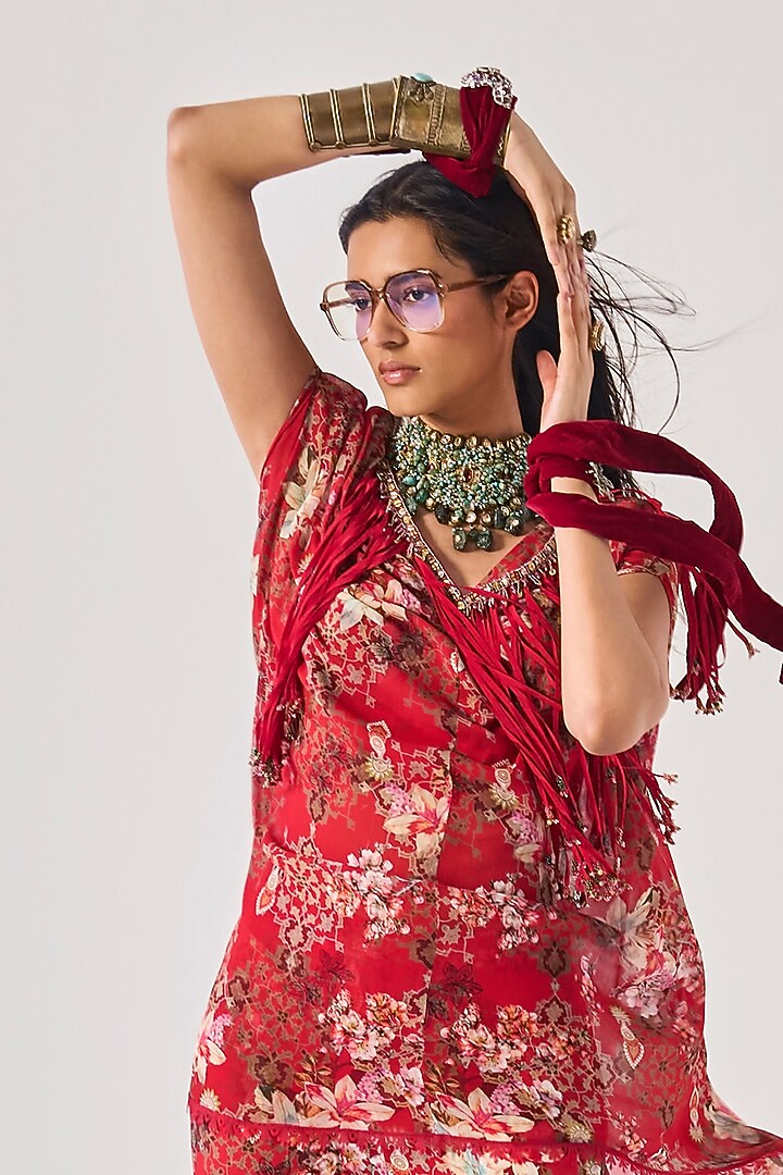 Red Rayon & Georgette Printed Kurta Set by Ridhima Bhasin at Pernia's Pop Up Shop