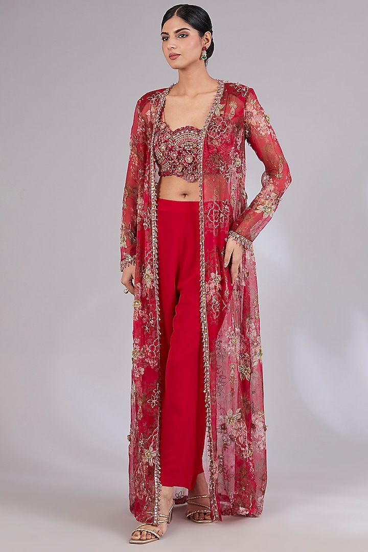 Red Organza & Crepe Cape Set by Ridhima Bhasin at Pernia's Pop Up Shop