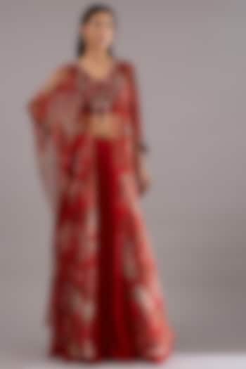 Red Organza & Silk Floral Printed Kurta Set by Ridhima Bhasin at Pernia's Pop Up Shop