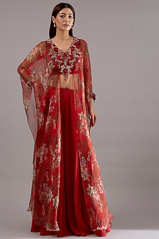 Red Organza Floral Printed High-Low Cape Kurta Set by Ridhima Bhasin