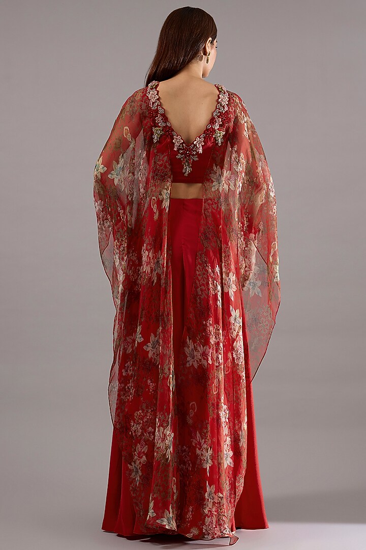 Red Organza Floral Printed High-Low Cape Kurta Set by Ridhima Bhasin at Pernia's Pop Up Shop