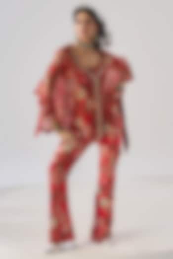 Red Rayon & Chiffon Floral Printed Co-Ord Set by Ridhima Bhasin at Pernia's Pop Up Shop