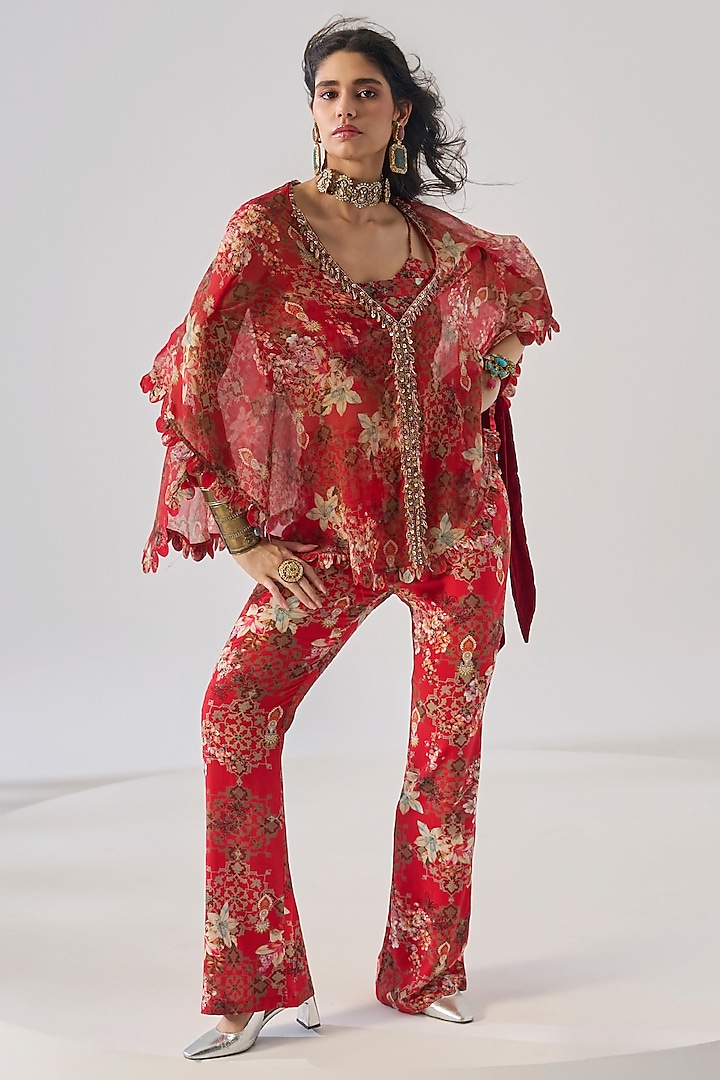 Red Rayon & Chiffon Floral Printed Co-Ord Set by Ridhima Bhasin at Pernia's Pop Up Shop