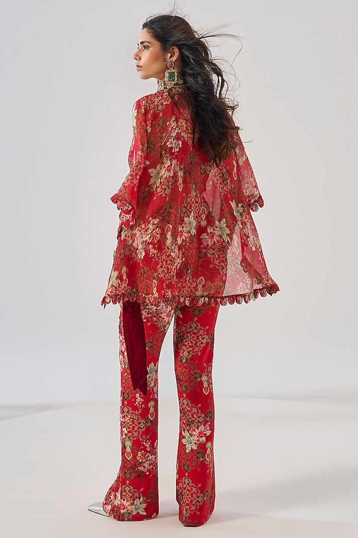 Red Rayon & Chiffon Floral Printed Co-Ord Set by Ridhima Bhasin at Pernia's Pop Up Shop