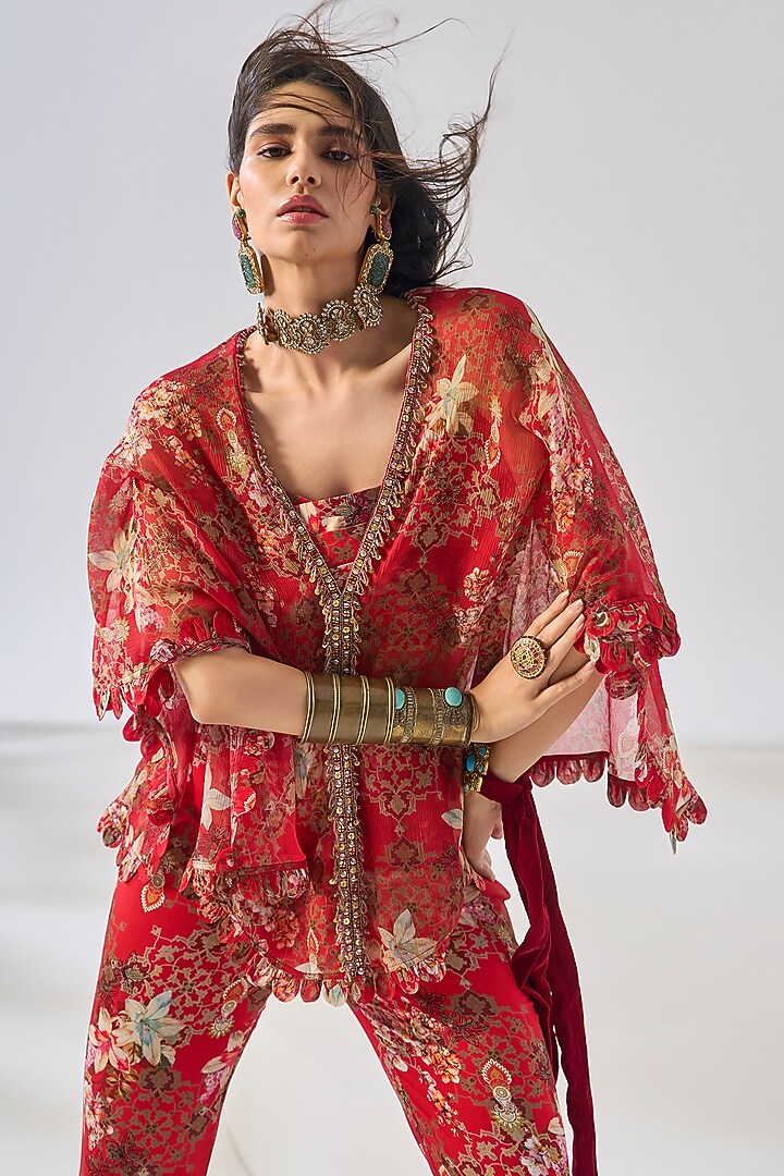 Red Rayon & Chiffon Floral Printed Co-Ord Set by Ridhima Bhasin at Pernia's Pop Up Shop