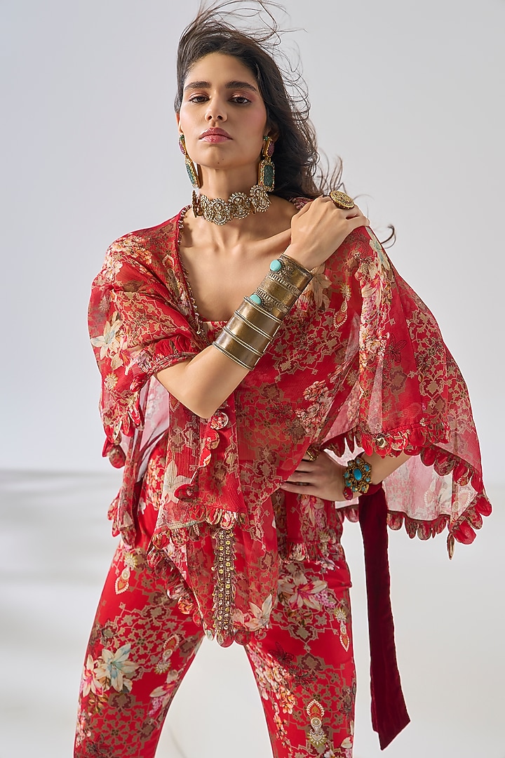 Red Rayon & Chiffon Floral Printed Co-Ord Set by Ridhima Bhasin at Pernia's Pop Up Shop