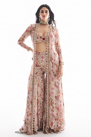 Dirty White Organza & Chiffon Embellished Jacket Set by Ridhima Bhasin