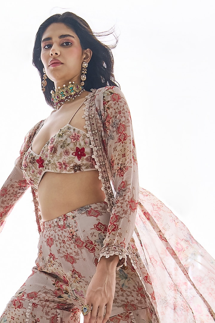 Dirty White Organza & Chiffon Embellished Jacket Set by Ridhima Bhasin at Pernia's Pop Up Shop