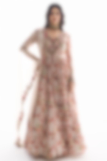 Dirty White Organza & Chiffon Floral Printed Wedding Anarkali Set by Ridhima Bhasin at Pernia's Pop Up Shop