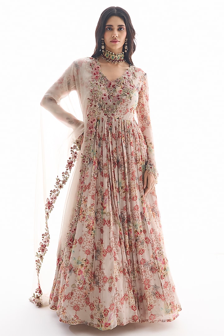 Dirty White Organza & Chiffon Floral Printed Wedding Anarkali Set by Ridhima Bhasin at Pernia's Pop Up Shop