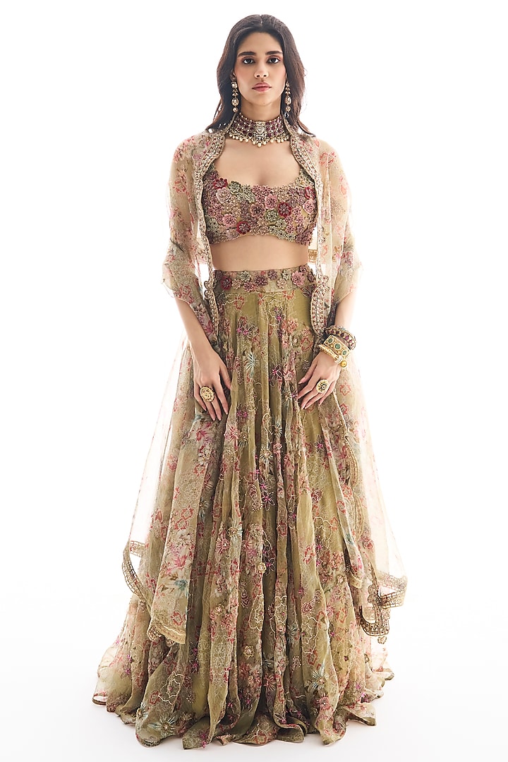 Mint Green Organza Floral Printed & Embroidered Bridal lehenga for 22 Lehenga Set by Ridhima Bhasin at Pernia's Pop Up Shop