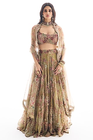 Mint Green Organza Floral Printed & Embroidered Lehenga Set by Ridhima Bhasin