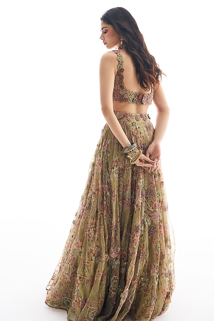Mint Green Organza Floral Printed & Embroidered Bridal Lehenga Set by Ridhima Bhasin at Pernia's Pop Up Shop