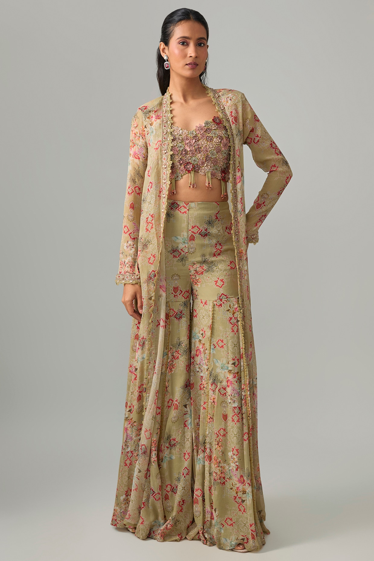 Ridhima Bhasin Beige Chiffon Floral Printed Sharara Set