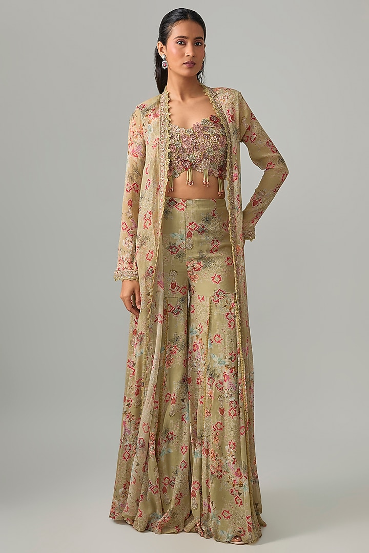 Beige Chiffon Floral Printed Wedding Sharara Set by Ridhima Bhasin at Pernia's Pop Up Shop