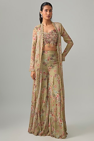 Beige Chiffon Floral Printed Sharara Set by Ridhima Bhasin