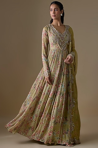 Mint Chiffon & Organza Anarkali Set by Ridhima Bhasin