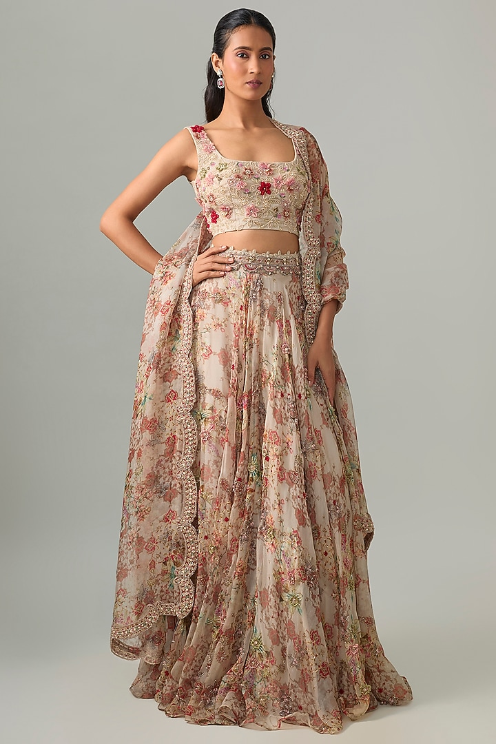Multi-Colored Crepe Floral Printed Bridal Lehenga Set by Ridhima Bhasin at Pernia's Pop Up Shop