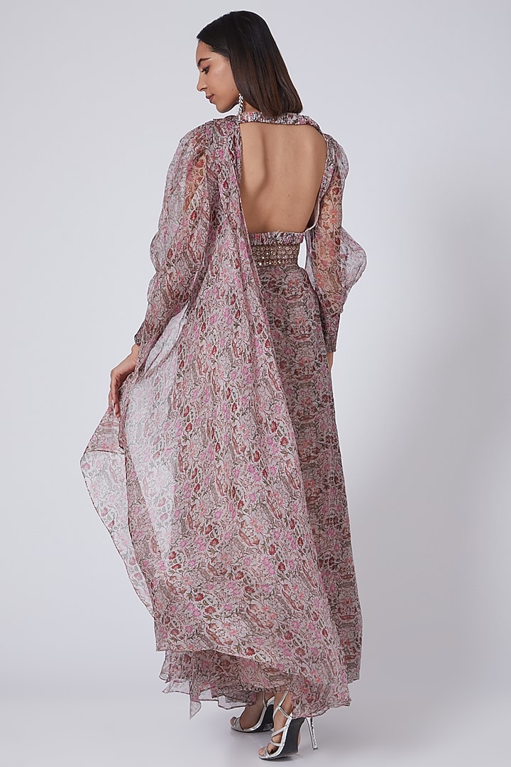 Grey Organza Printed Pre-Draped Sharara Wedding Saree Set by Ridhima Bhasin at Pernia's Pop Up Shop