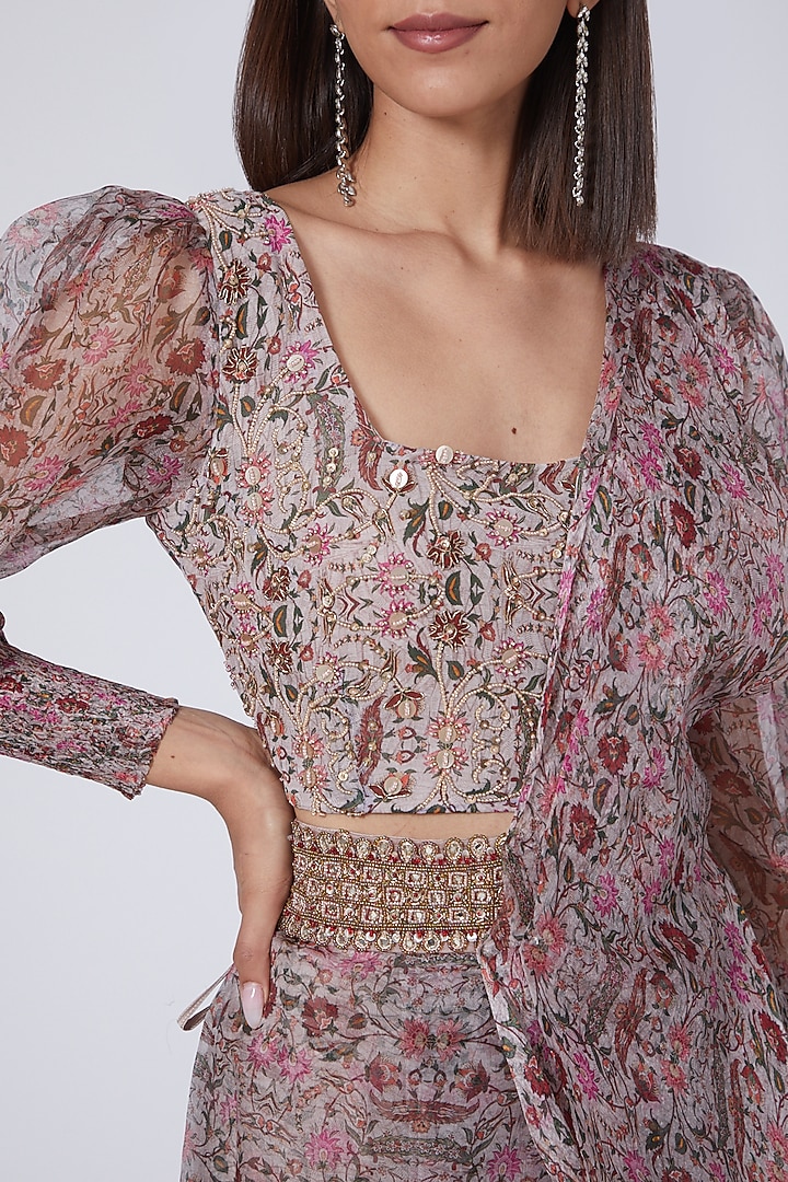 Grey Organza Printed Pre-Draped Sharara Wedding Saree Set by Ridhima Bhasin at Pernia's Pop Up Shop