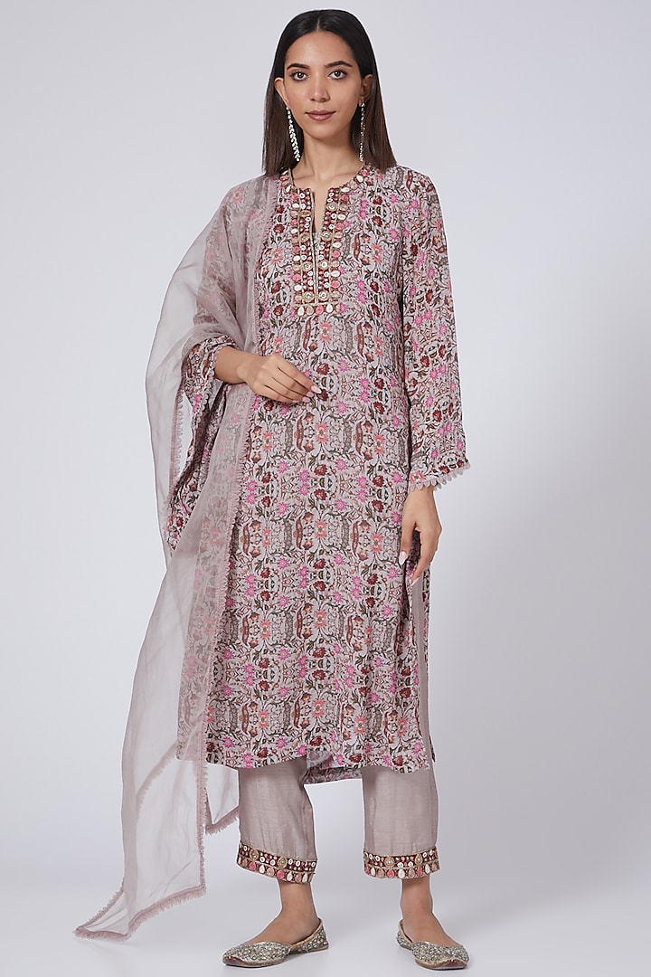 Grey & Pink Printed Kurta Set by Ridhima Bhasin