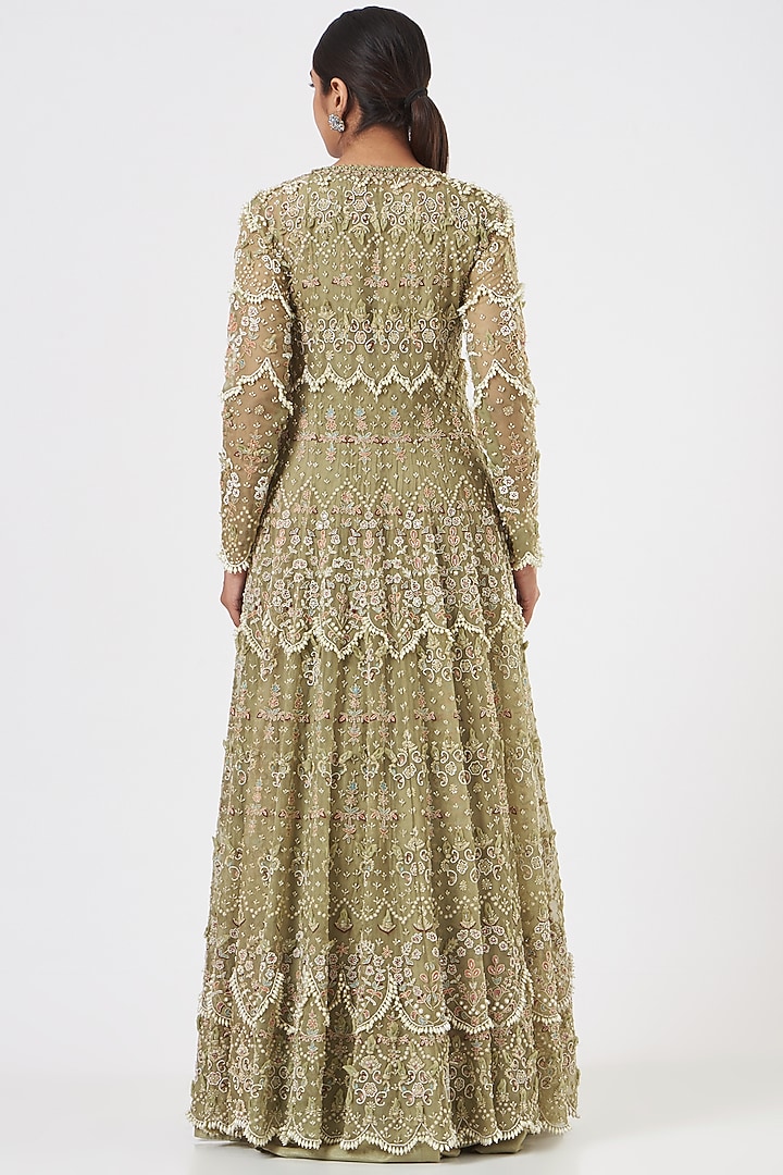 Sage Green Embroidered Bridal Anarkali Set by Ridhima Bhasin at Pernia's Pop Up Shop
