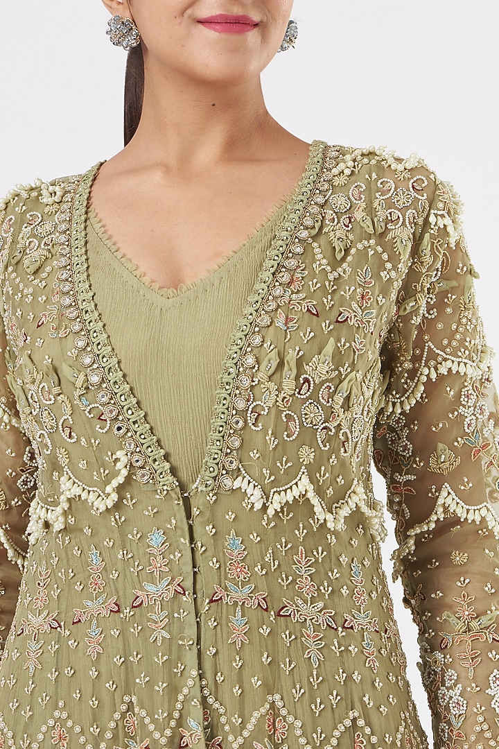 Sage Green Embroidered Bridal Anarkali Set by Ridhima Bhasin at Pernia's Pop Up Shop