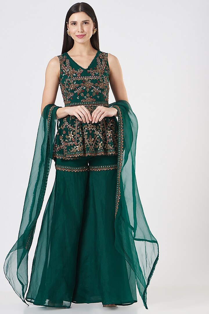 Bottle Green Embroidered Sharara Set by Ridhima Bhasin