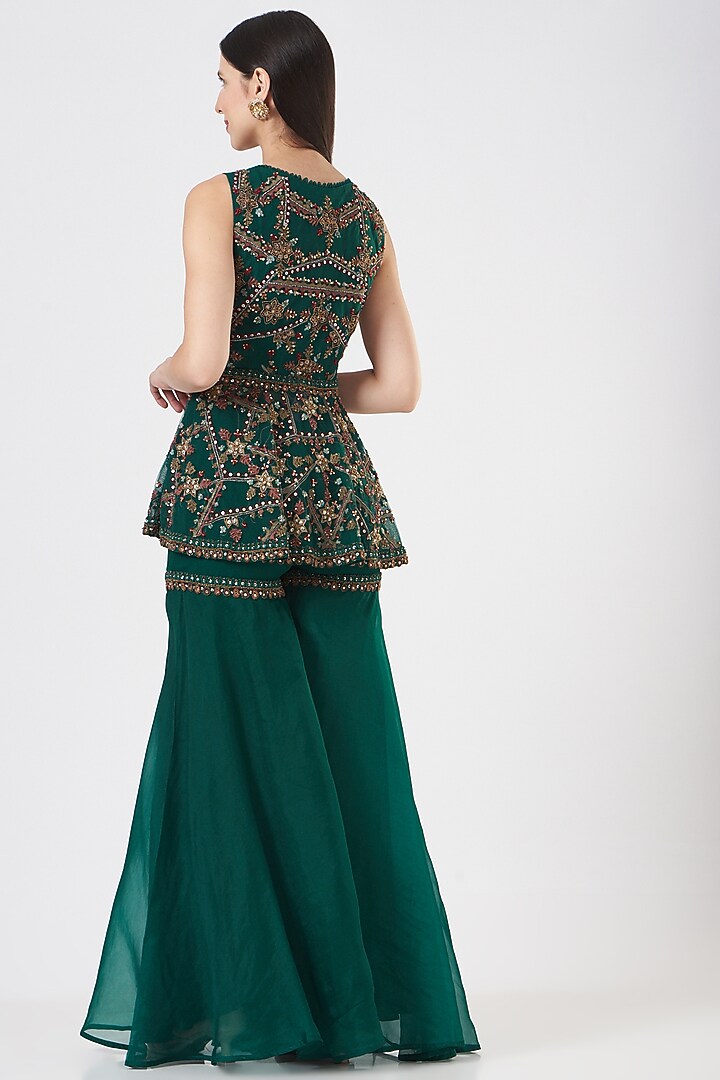 Bottle Green Embroidered Bridal Sharara Set by Ridhima Bhasin at Pernia's Pop Up Shop