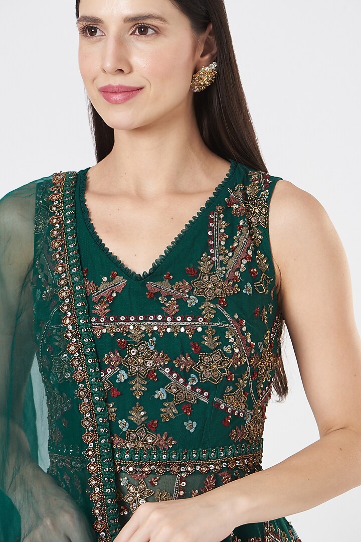 Bottle Green Embroidered Bridal Sharara Set by Ridhima Bhasin at Pernia's Pop Up Shop