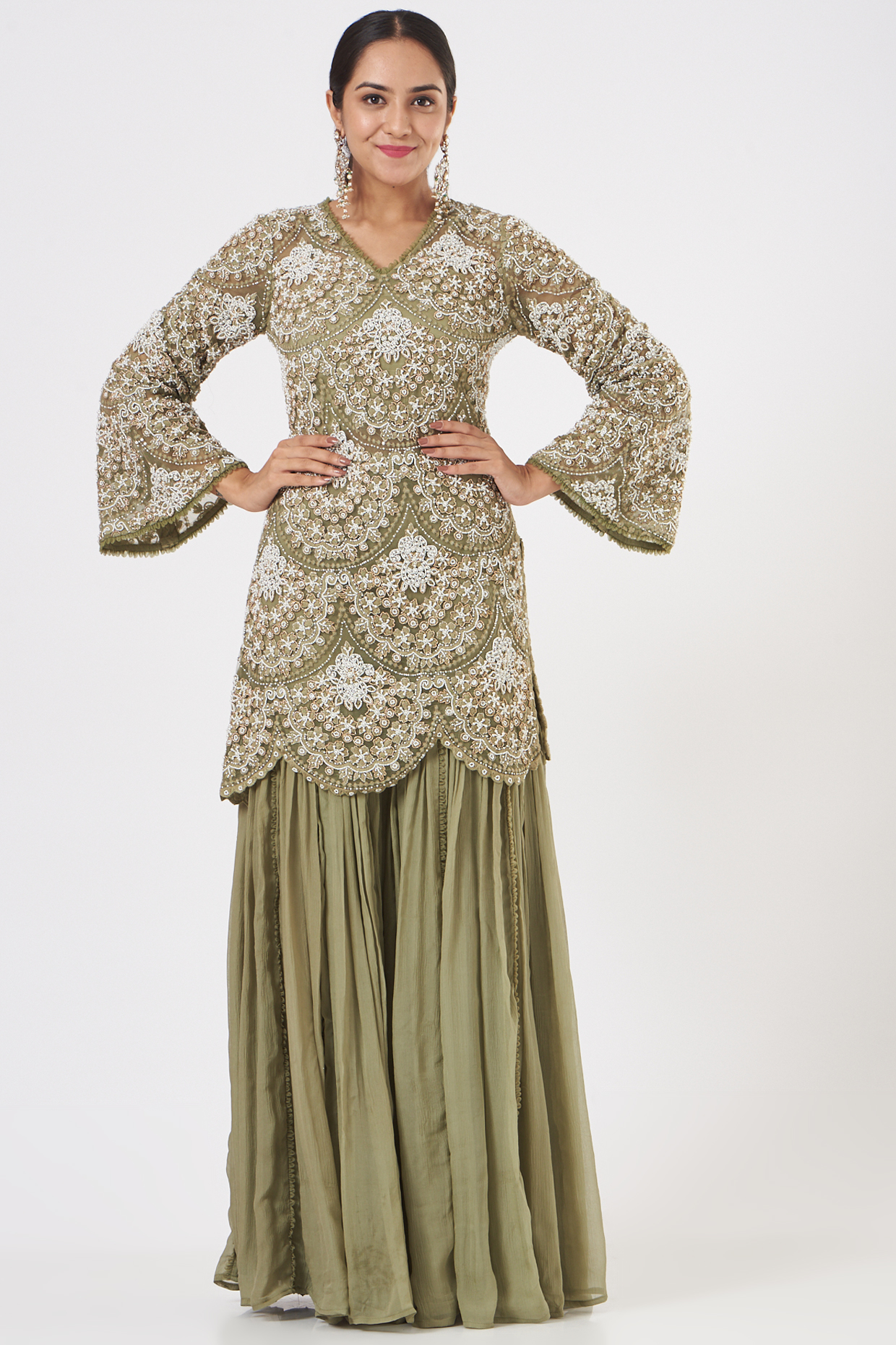 Sage Green Embroidered Wedding Sharara Set by Ridhima Bhasin at Pernia's Pop Up Shop