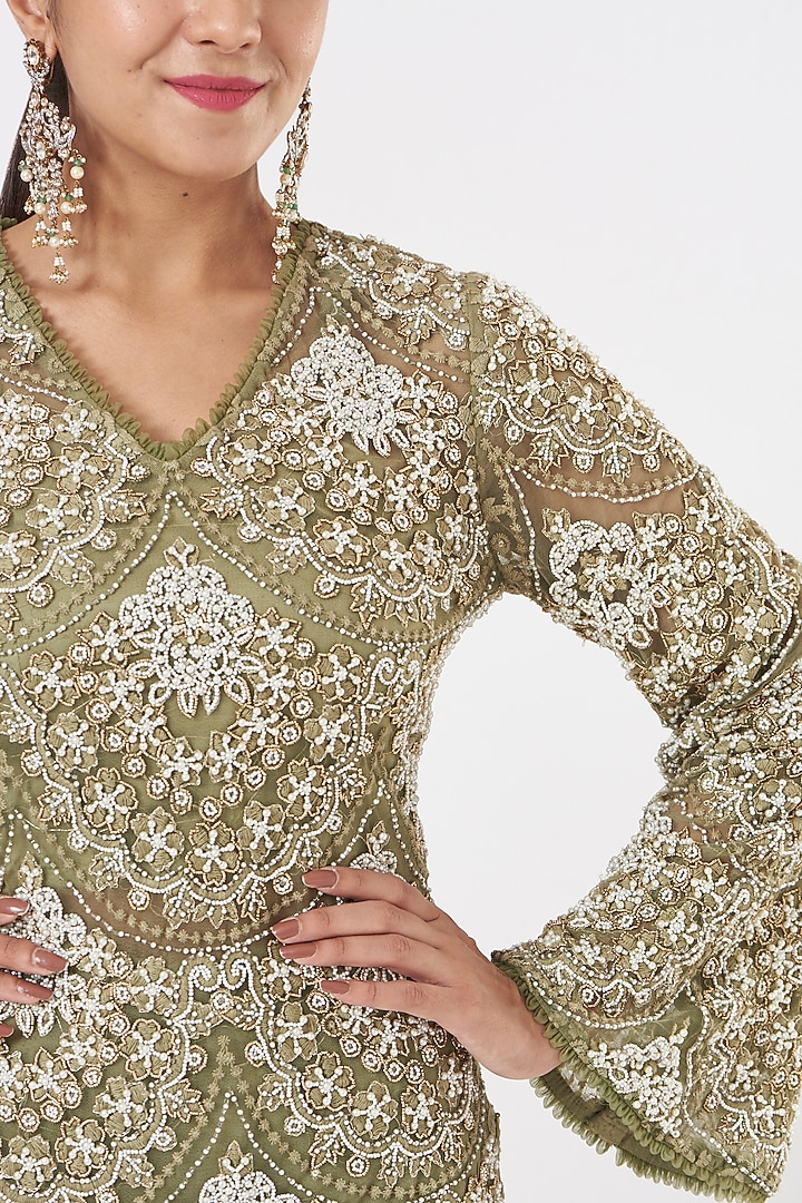 Sage Green Embroidered Wedding Sharara Set by Ridhima Bhasin at Pernia's Pop Up Shop