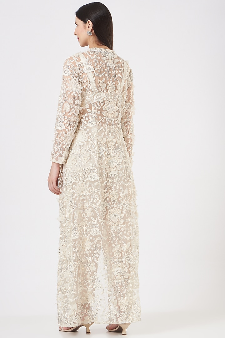 Ivory Organza Embroidered Cape Set by Ridhima Bhasin at Pernia's Pop Up Shop