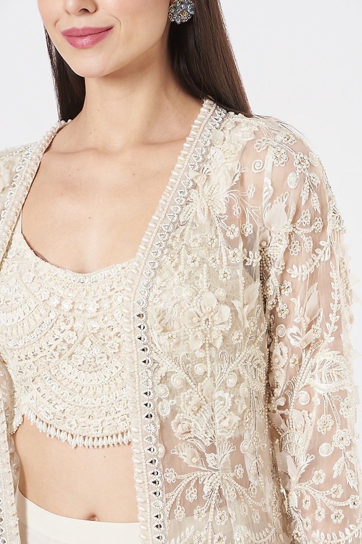 Ivory Organza Embroidered Cape Set by Ridhima Bhasin at Pernia's Pop Up Shop