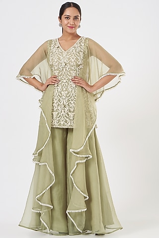 Sage Green Embroidered Sharara Set by Ridhima Bhasin