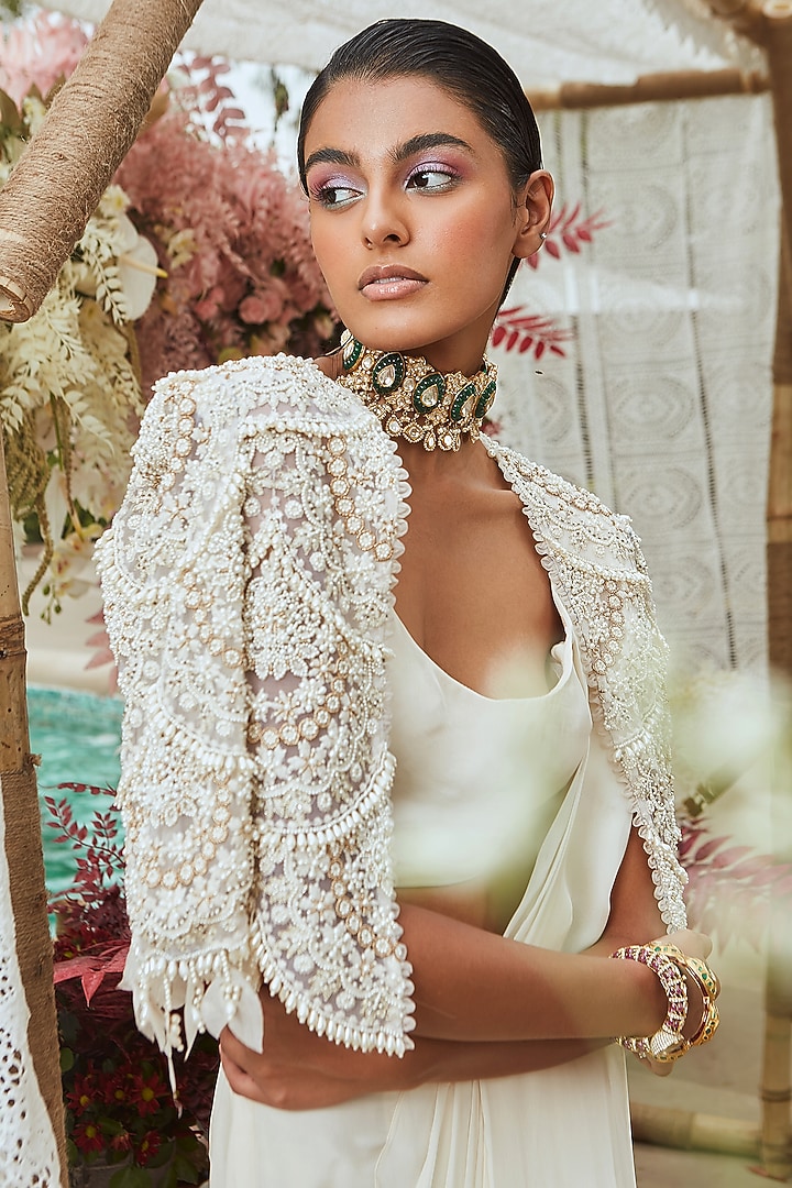 Ivory Embroidered Pre-Draped Wedding Saree Set by Ridhima Bhasin at Pernia's Pop Up Shop