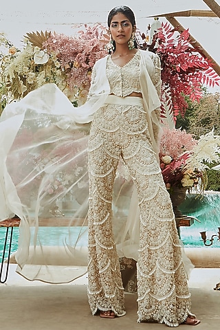 Ivory Organza Jacket Set by Ridhima Bhasin