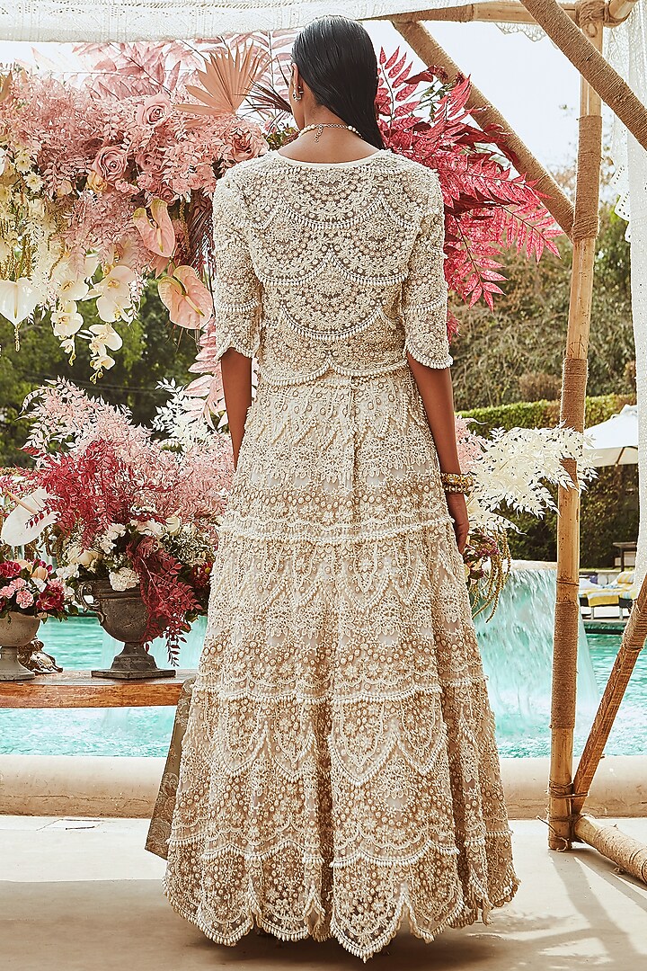 Ivory Crepe Hand Embroidered Jacket Bridal Lehenga Set by Ridhima Bhasin at Pernia's Pop Up Shop