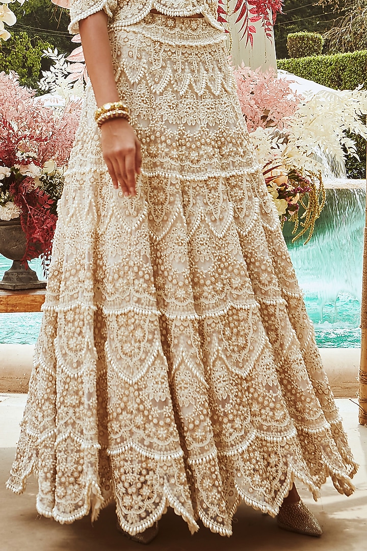 Ivory Crepe Hand Embroidered Jacket Bridal Lehenga Set by Ridhima Bhasin at Pernia's Pop Up Shop