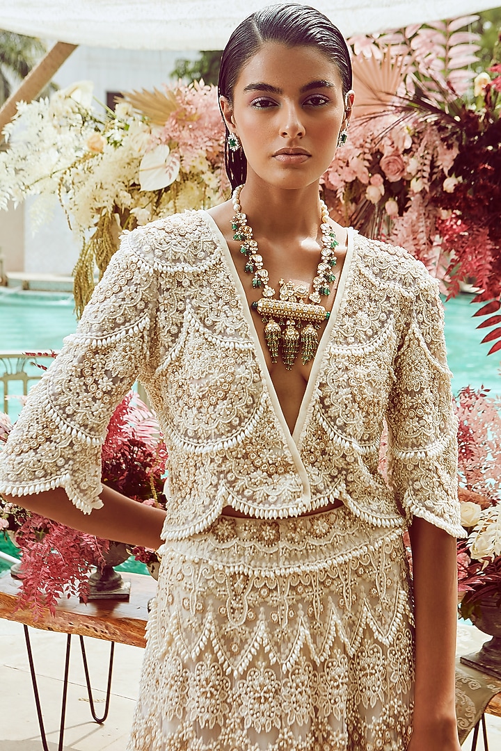 Ivory Crepe Hand Embroidered Jacket Bridal Lehenga Set by Ridhima Bhasin at Pernia's Pop Up Shop