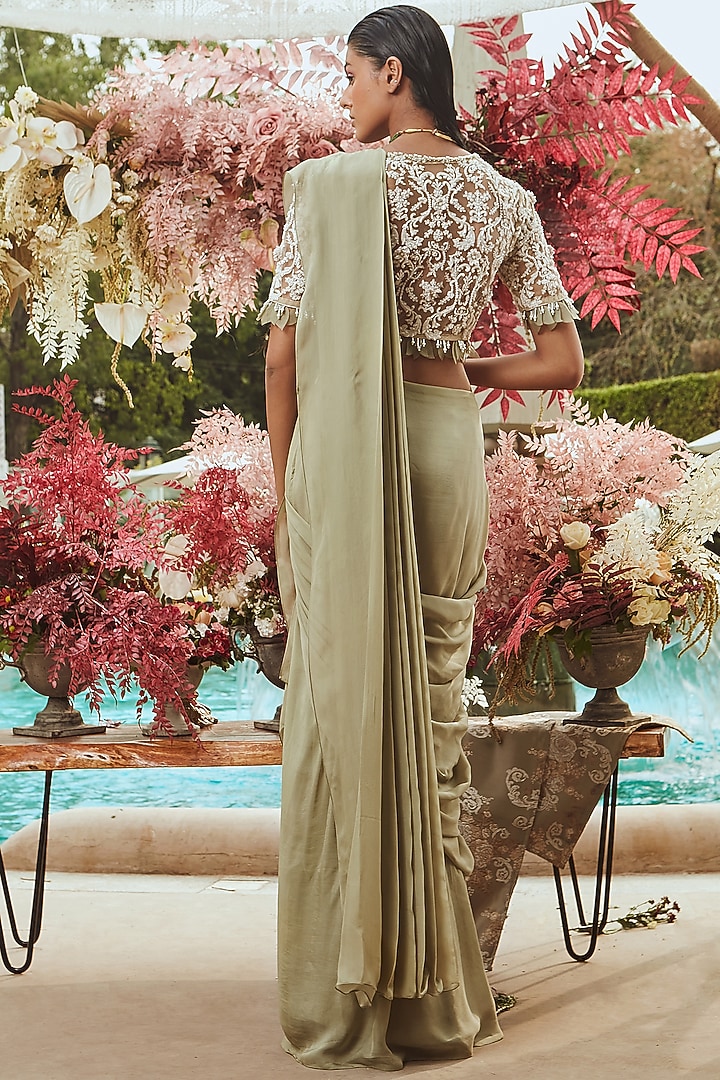 Sage Green Embroidered Wedding Saree Set by Ridhima Bhasin at Pernia's Pop Up Shop